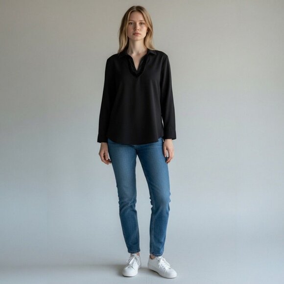 Vineyard Vines Tops - Vineyard Vines Velvet Trim Blouse Top Black Collared V-Neck, Size Small, New wit